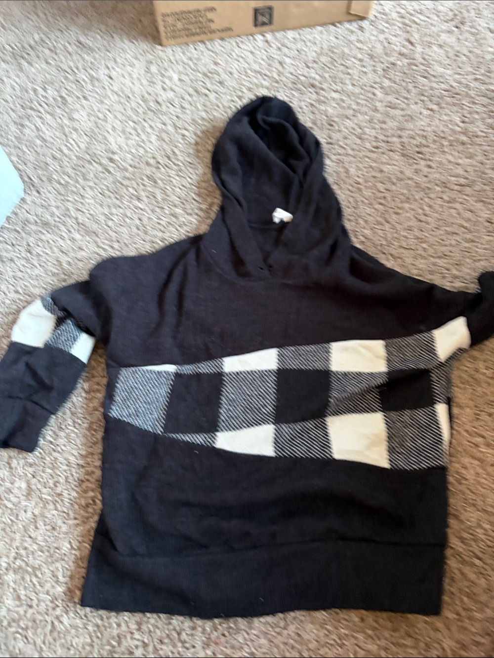 Kids Black Hooded Sweater with Black & White Plaid Panel